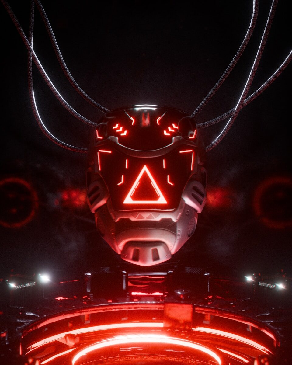 Futuristic robot head with glowing red triangle symbol.