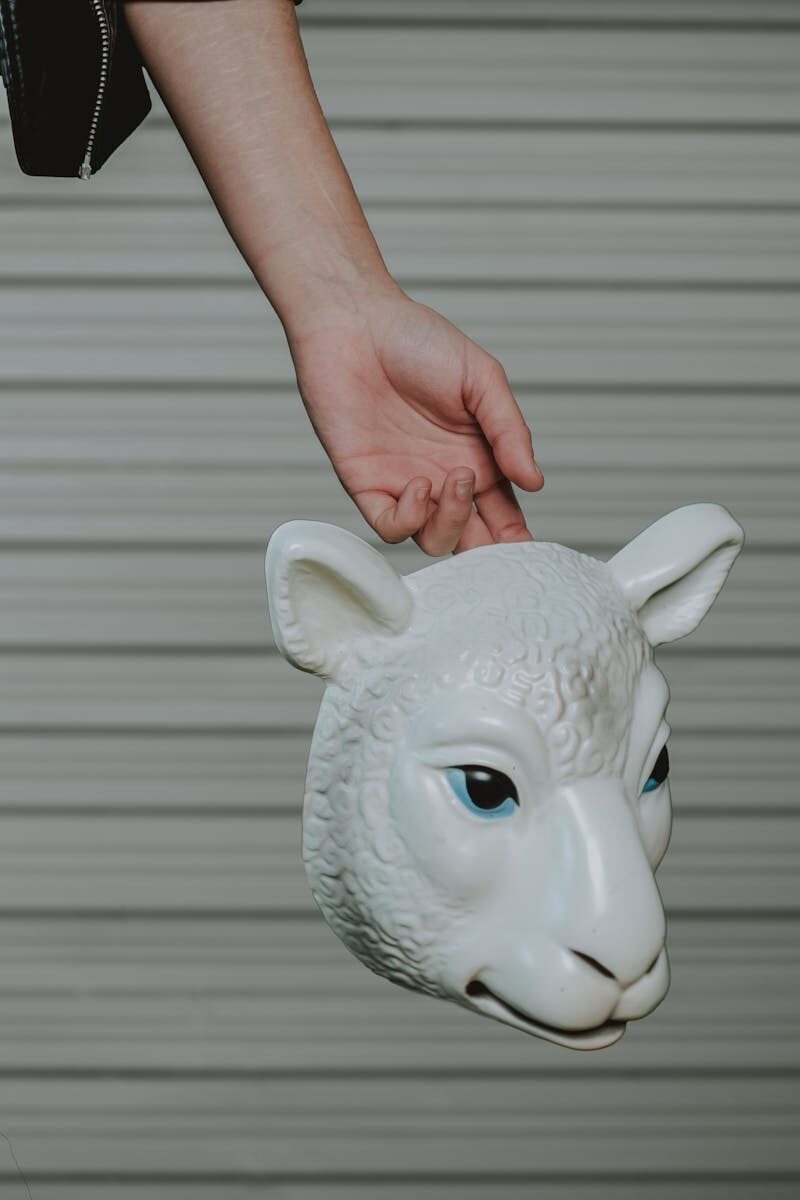 A hand holding a white sheep mask by its ear against a textured background.