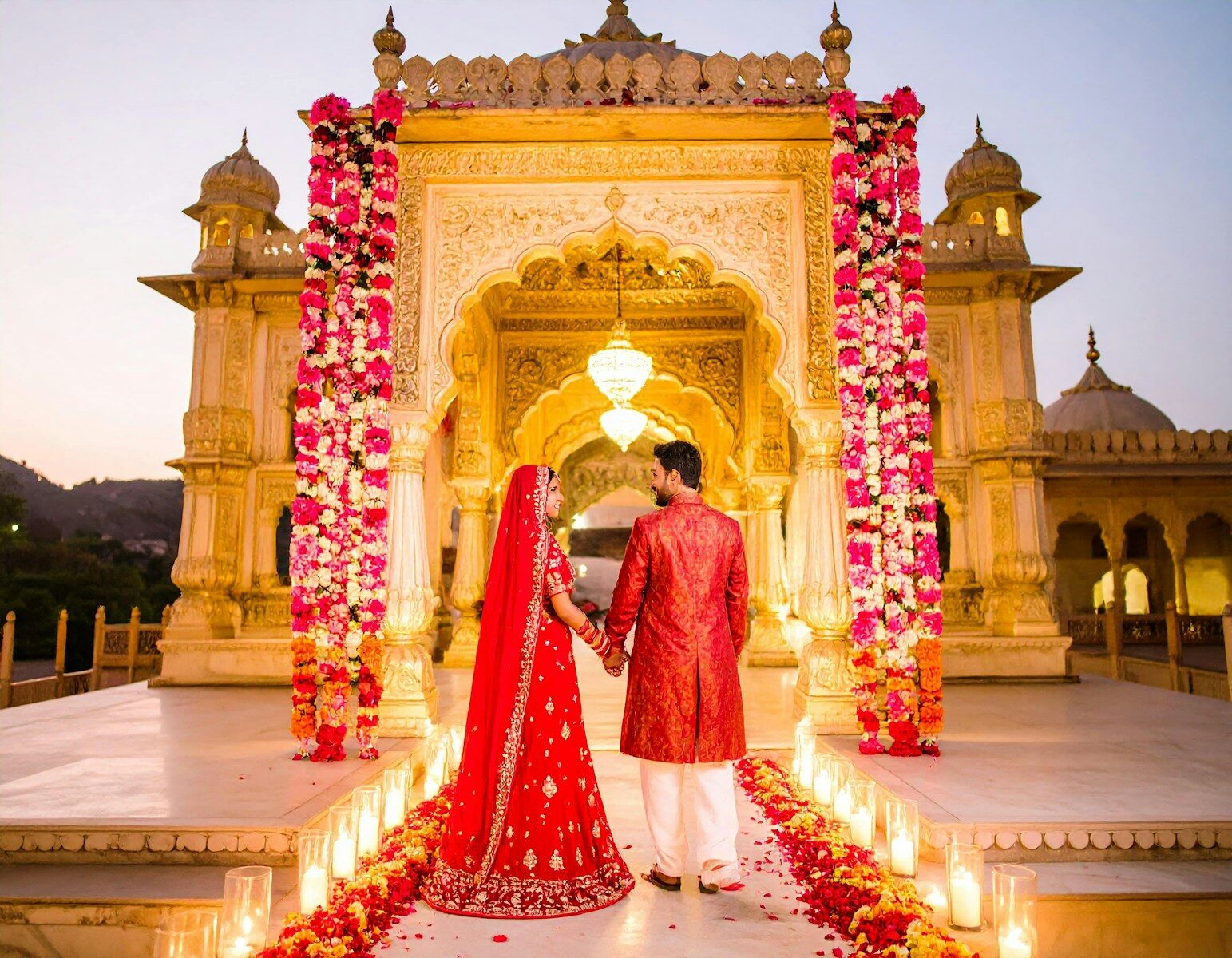 Couple in traditional indian wedding attire holding hands